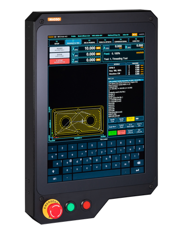 A Masso G3-Touch CNC controller with a 15-inch capacitive touch LED screen, multiple ports and buttons, displayed on a dark background.