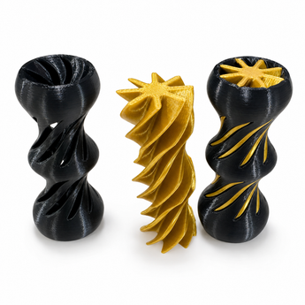 Black and gold 3D printed twisty fidget toy shown assembled and separated