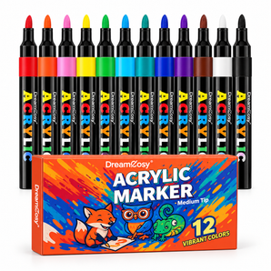 One box of 12 medium-tip acrylic paint markers in assorted vibrant colors